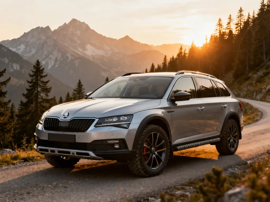 Srebrna Skoda Superb Scout zaparkowana na górskiej drodze w blasku zachodzącego słońca, podkreślająca jej terenowy charakter.