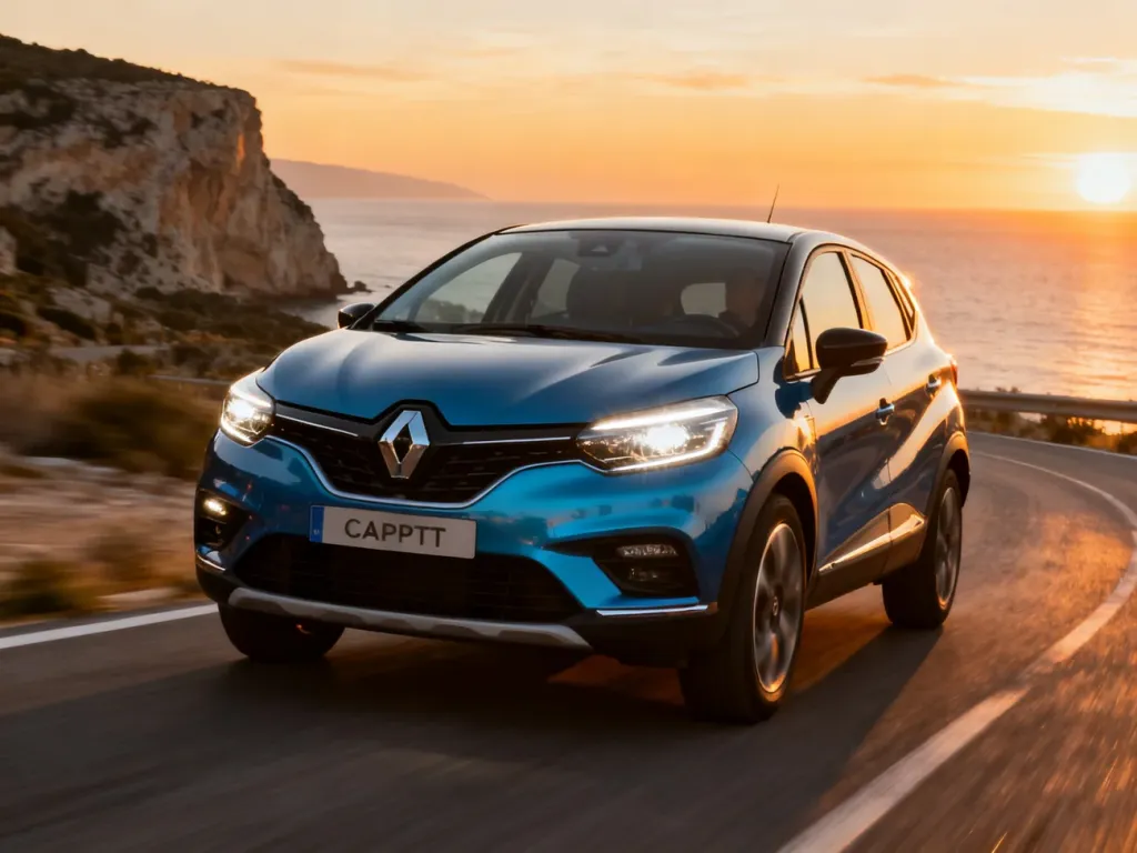 Niebieski Renault Captur jadący nadmorską drogą w blasku zachodzącego słońca. Prezentacja nowoczesnego SUV-a w plenerze.