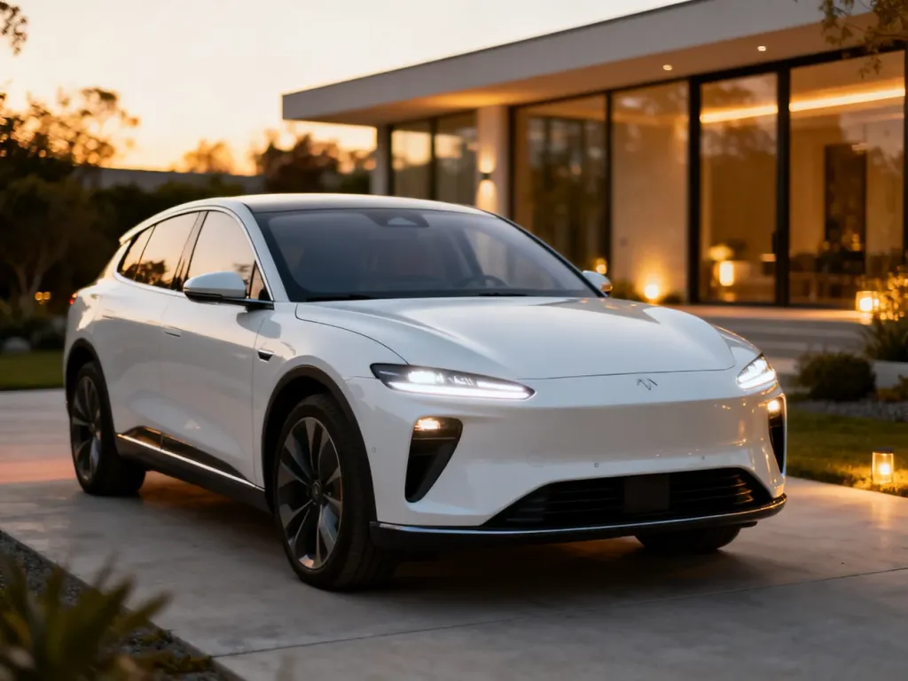 Biały elektryczny SUV BYD Tang zaparkowany na nowoczesnym podjeździe w świetle zachodzącego słońca.