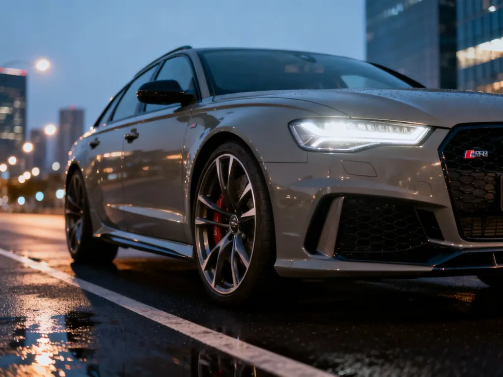 Audi RS6 sedan w kolorze Nardo Grey zaparkowane na mokrym asfalcie na tle rozmytej panoramy miasta o zmierzchu.