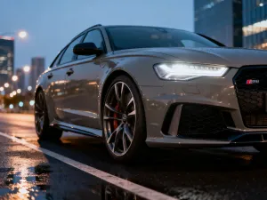 Klasyczny sedan Fiat 131 zaparkowany na malowniczej włoskiej drodze wybrzeża w świetle zachodzącego słońca.