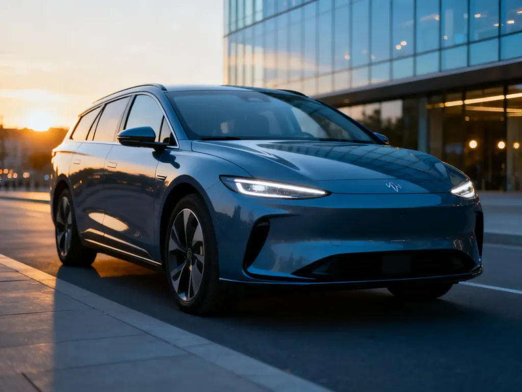 Nowoczesne elektryczne kombi MG 5 zaparkowane na tle miejskiej architektury w świetle zachodzącego słońca.