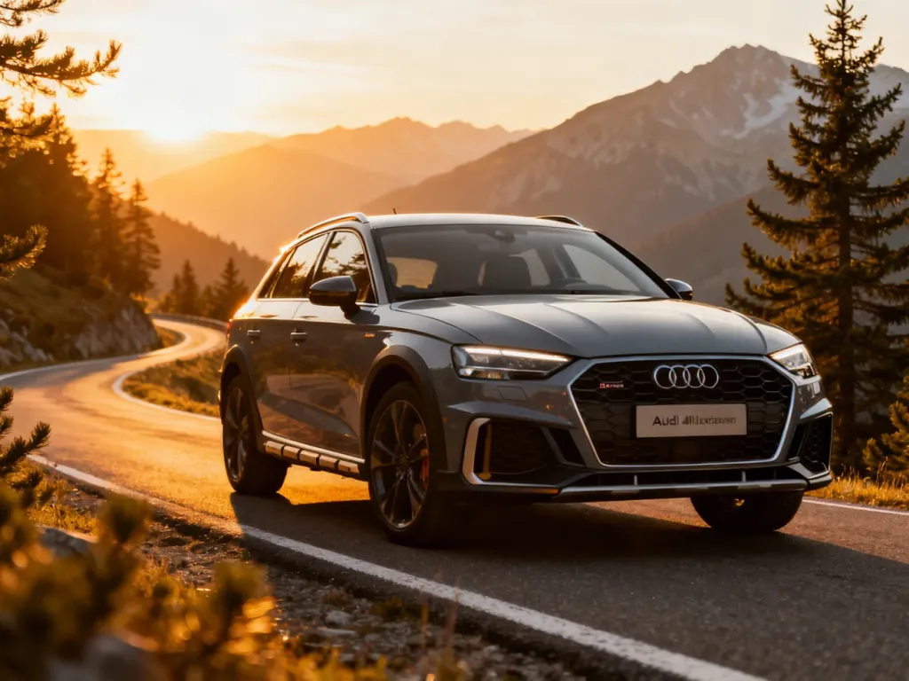 Audi A3 allstreet zaparkowane na malowniczej górskiej drodze w świetle zachodzącego słońca.