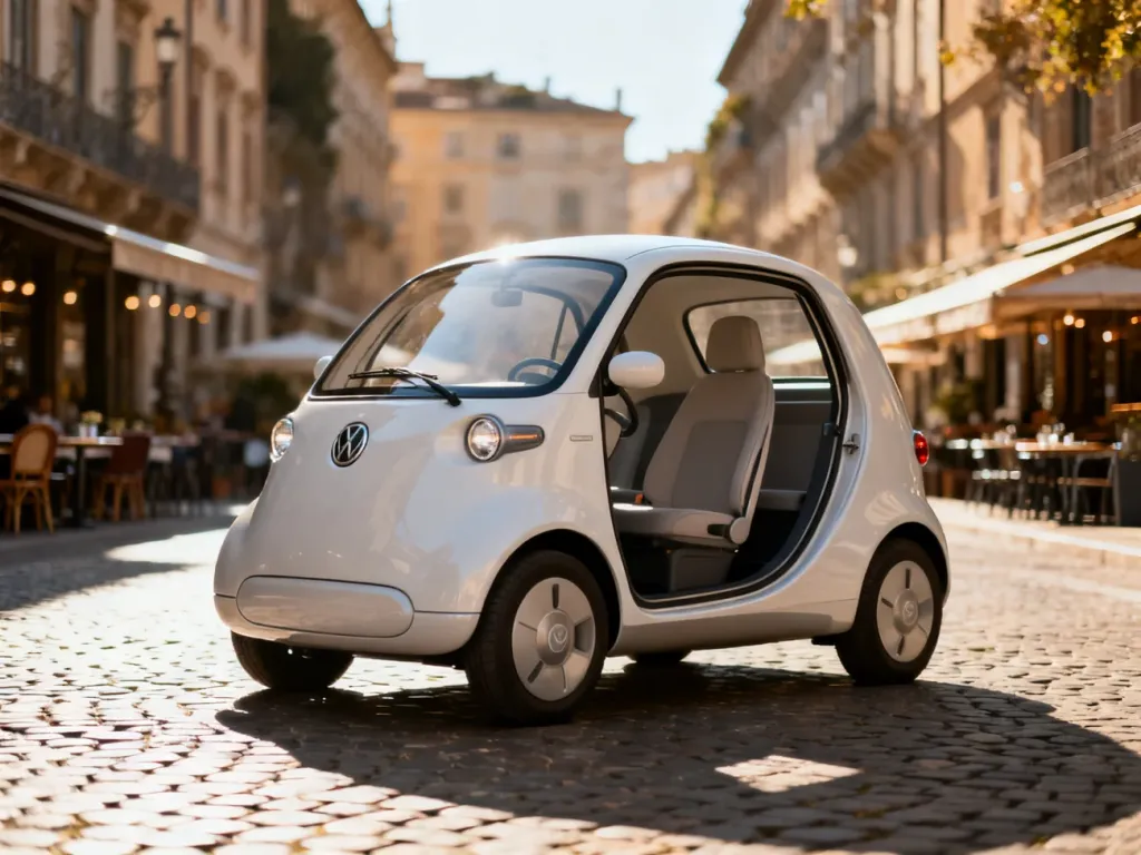 Nowoczesny, kompaktowy samochód elektryczny Microlino zaparkowany na zabytkowej, słonecznej ulicy europejskiego miasta.