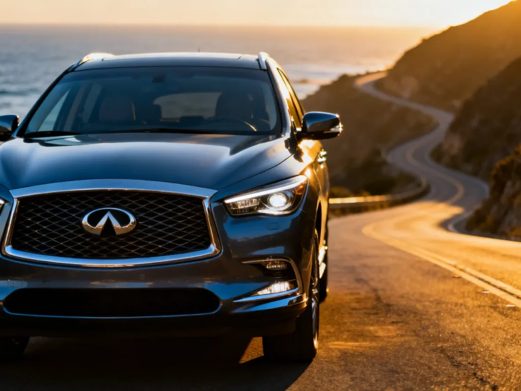 Nowoczesny luksusowy SUV Infiniti QX60 zaparkowany na malowniczej nadmorskiej drodze podczas złotej godziny.