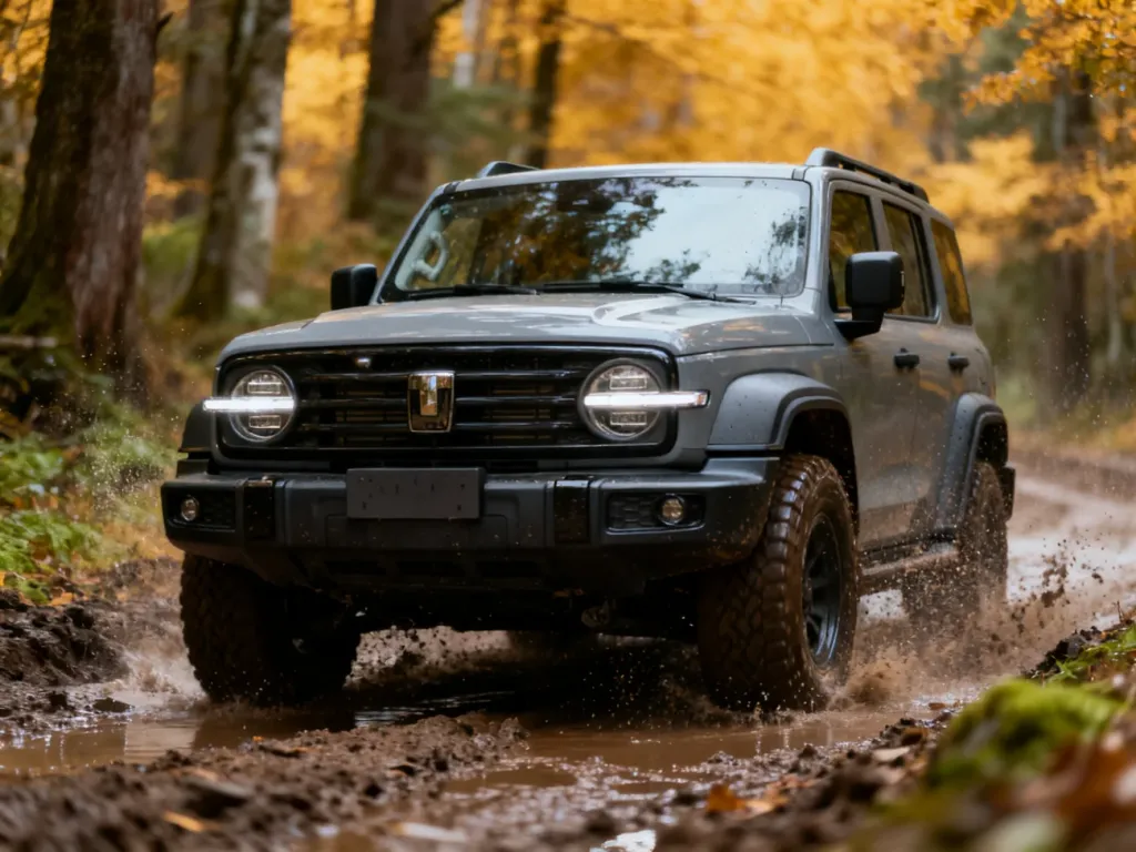 Dacia Duster 4x4 jadąca przez błotnistą leśną ścieżkę, podkreślająca terenowe możliwości samochodu.
