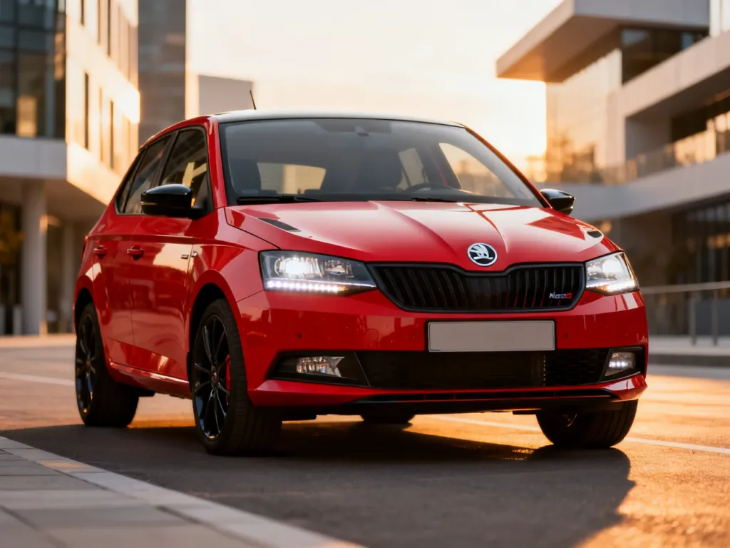 Czerwona Skoda Fabia Monte Carlo zaparkowana na tle nowoczesnej architektury w świetle zachodzącego słońca.
