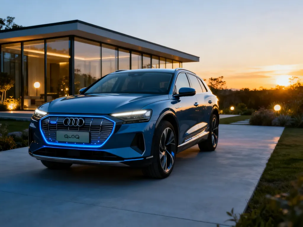 Nowoczesny elektryczny SUV Audi Q6 e-tron zaparkowany na podjeździe przed przeszklonym domem w świetle zachodzącego słońca.