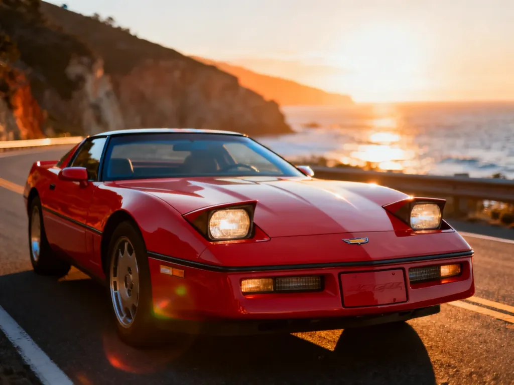 Czerwony Chevrolet Corvette C4 zaparkowany na nadmorskiej trasie podczas złotej godziny, podkreślający jego klasyczną linię.