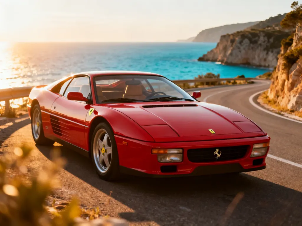 Czerwone Ferrari 348 zaparkowane na krętej nadmorskiej drodze w blasku zachodzącego słońca.