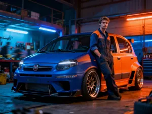 Niebieski Renault Captur jadący nadmorską drogą w blasku zachodzącego słońca. Prezentacja nowoczesnego SUV-a w plenerze.
