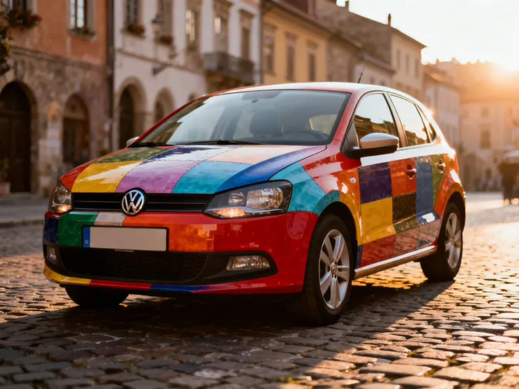 Wielokolorowy Volkswagen Polo Harlekin zaparkowany na brukowanej uliczce w europejskim miasteczku w porannym świetle.